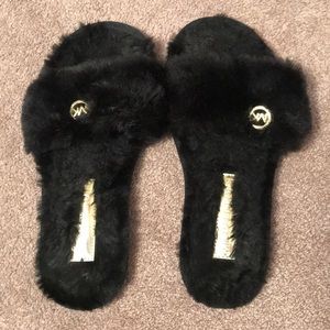 Michael Kors Black Faux Fur Slippers W/Gold Detail